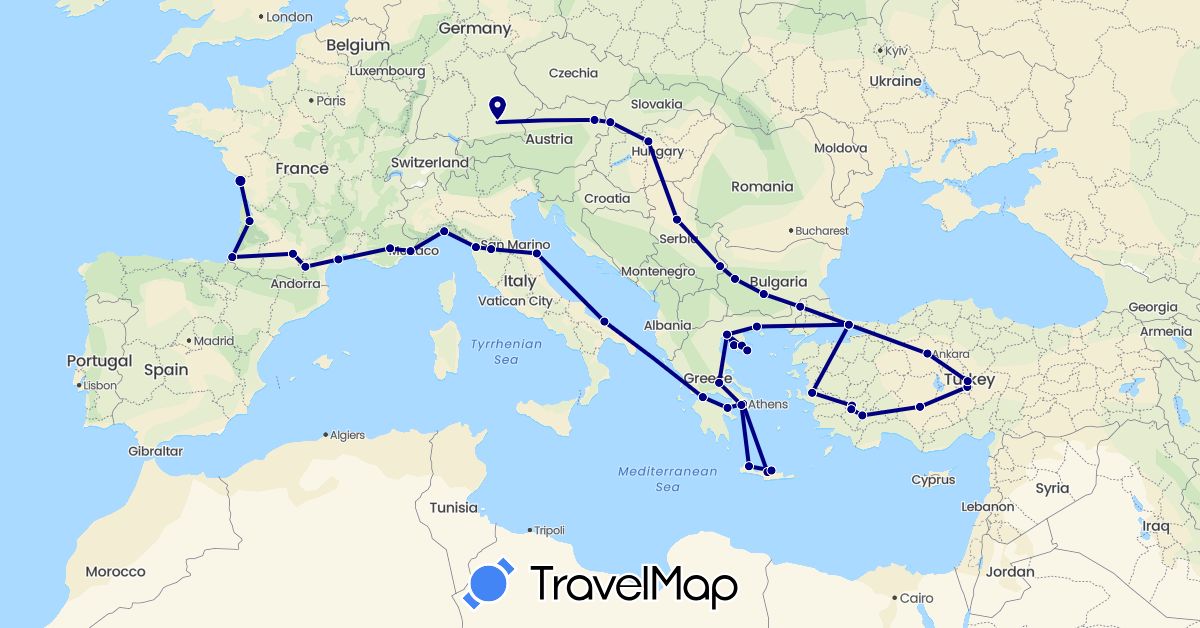 TravelMap itinerary: driving in Austria, Bulgaria, Germany, France, Greece, Hungary, Italy, Serbia, Slovakia, Turkey (Asia, Europe)
